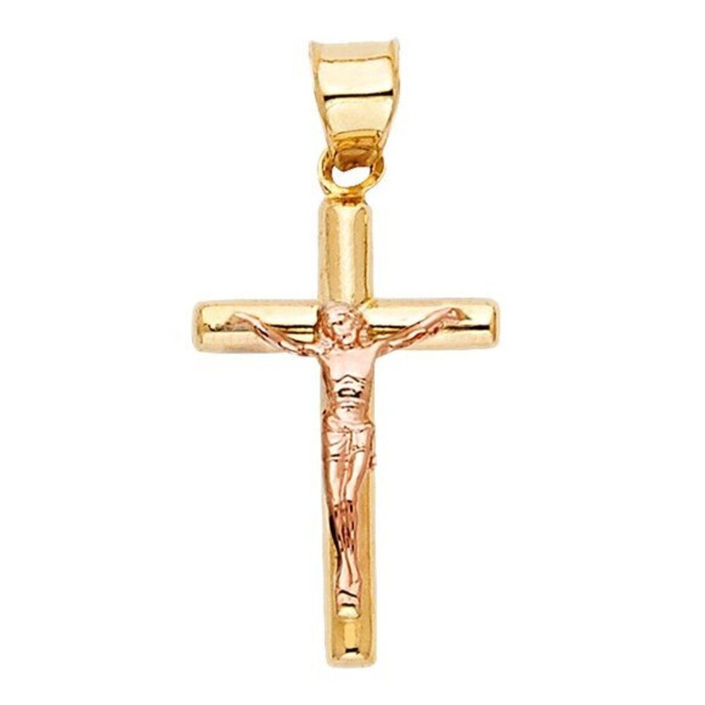 14k REAL Yellow Gold Rose Jesus Cross Pendant Crucifix